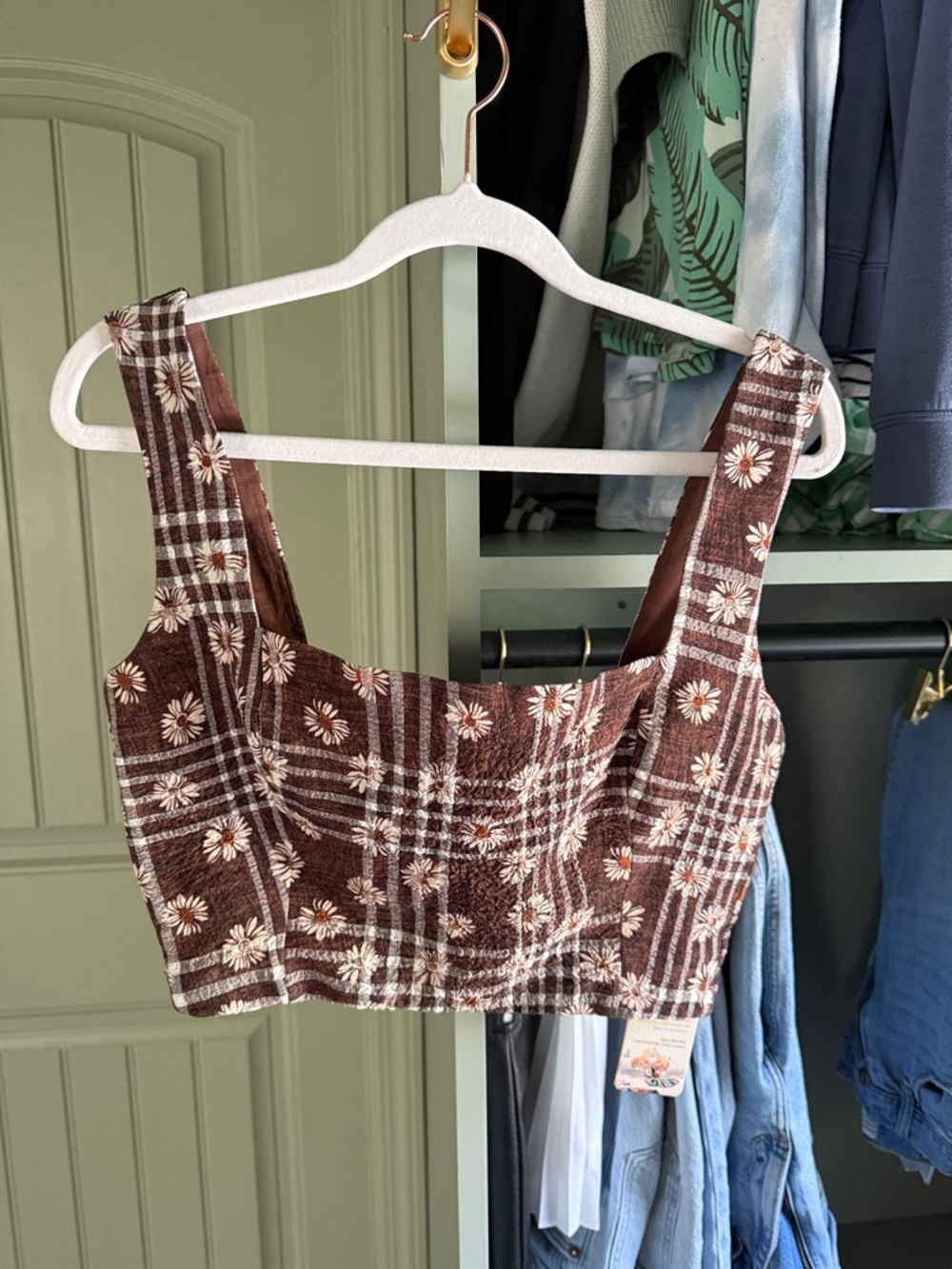 Agua Bendita Brown Floral Plaid Crop Tank Top - Women